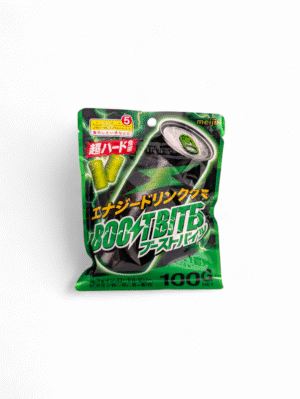 En påse med det japanska energigodiset Meiji Boost Bites mot en vit bakgrund.