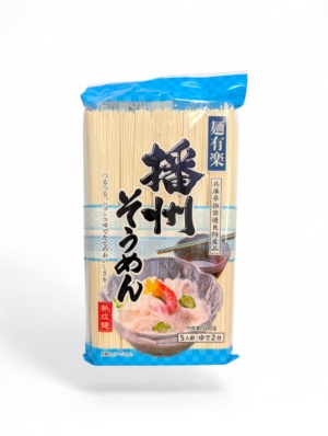 Förpackning med Menraku Banshu Somen japanska somennudlar 500 g.